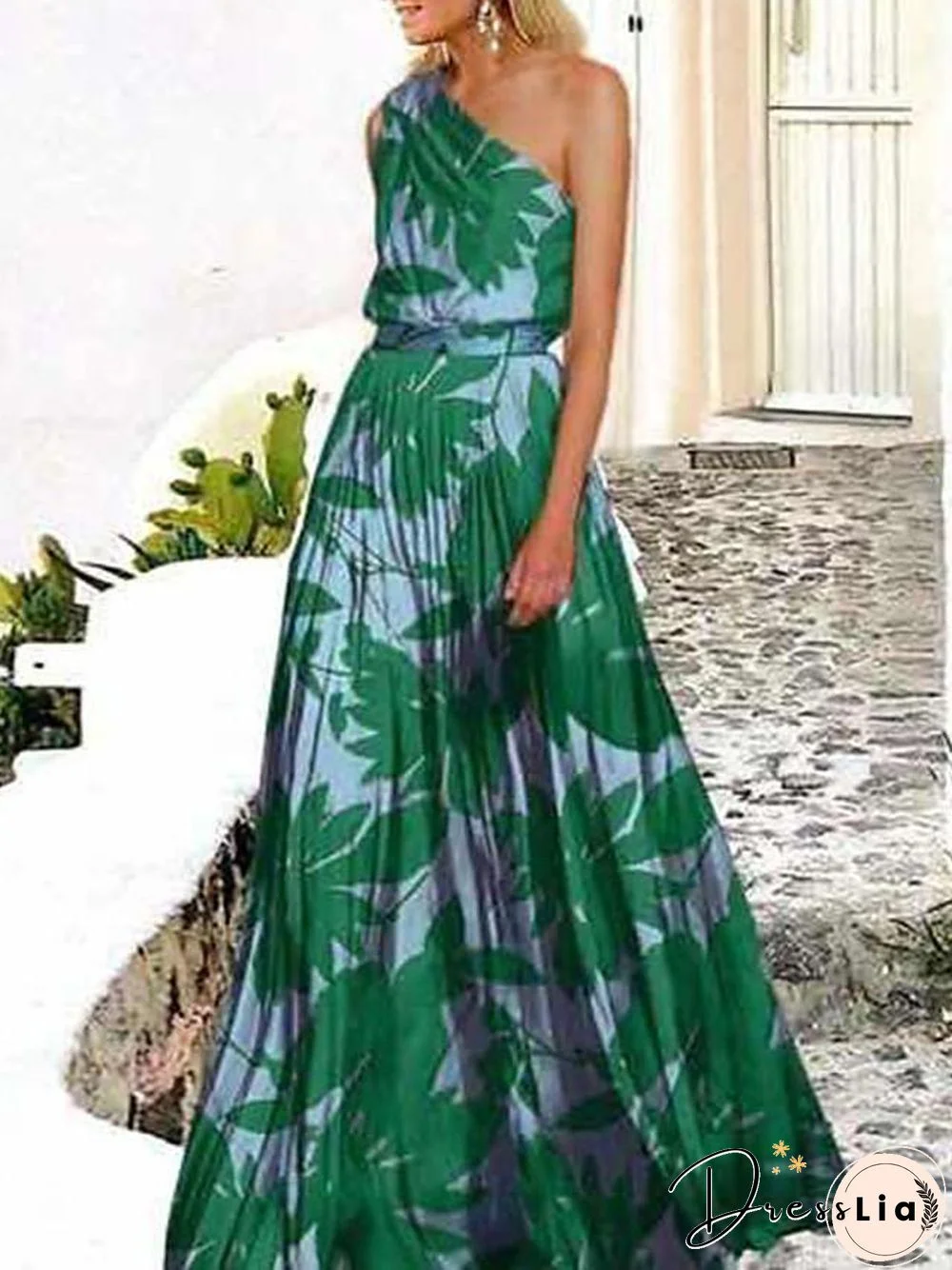Women's Swing Dress Maxi long Dress Sleeveless Print Trees / Leaves Spring & Summer One Shoulder Hot Holiday Beach vacation dresses Green Rose Red S M L XL XXL
