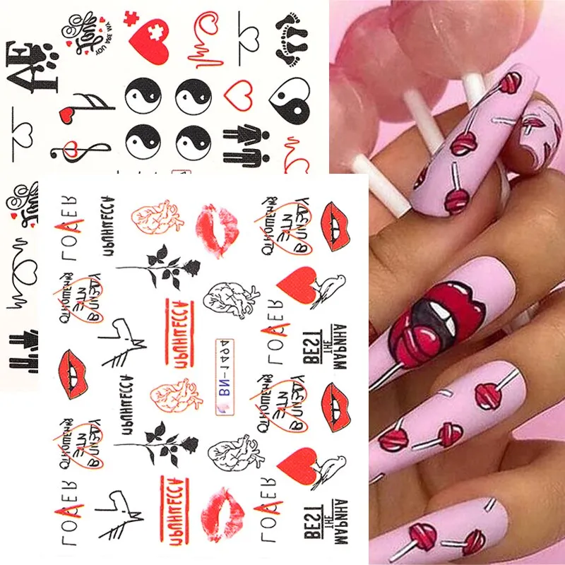12pcs Valentines Manicures Love Letter Flower Sliders For Nails Inscriptions Nail Art Decoration Water Sticker Tips BN1489-1500