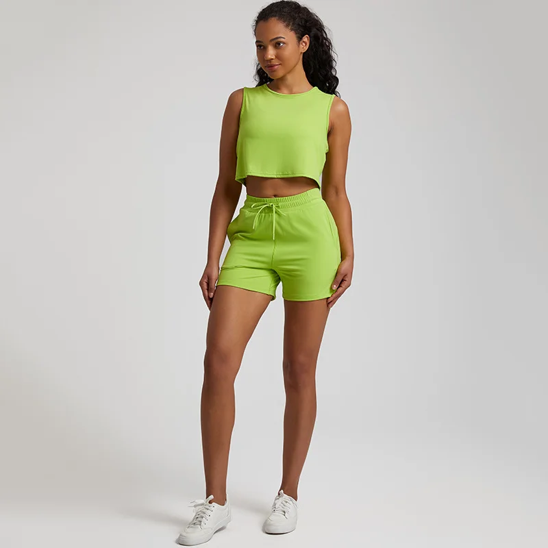 Solid color high stretch sports T-shirt + shorts 2-piece set