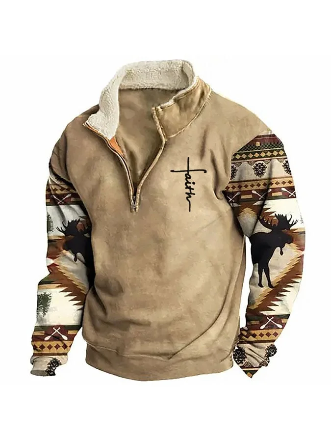 Men's Sweatshirt Retro Faith Cross Print Plush Half Open Collar Pullover