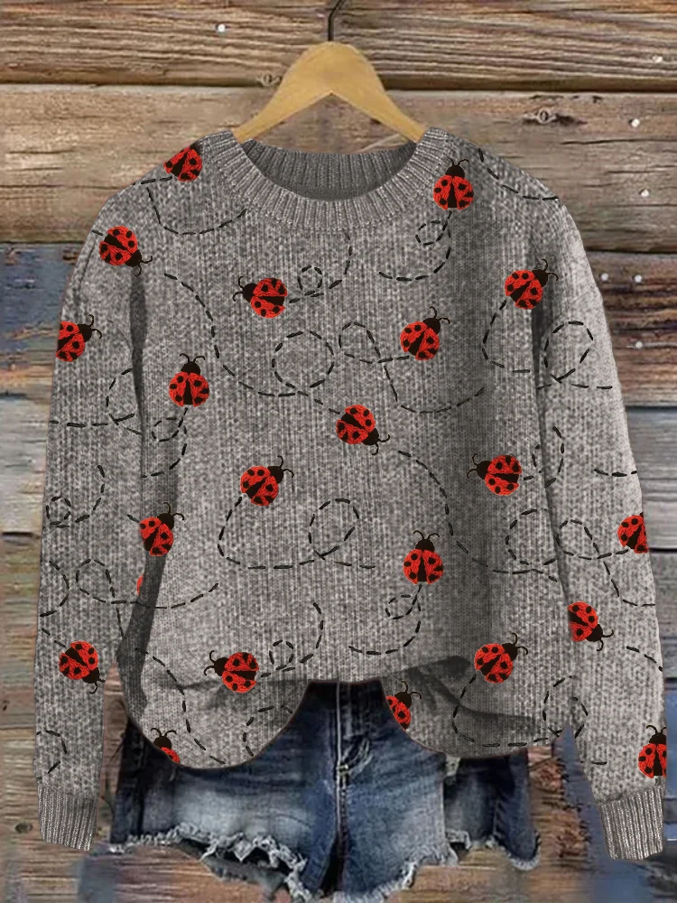 VChics Flying Ladybugs Embroidery Pattern Cozy Knit Sweater