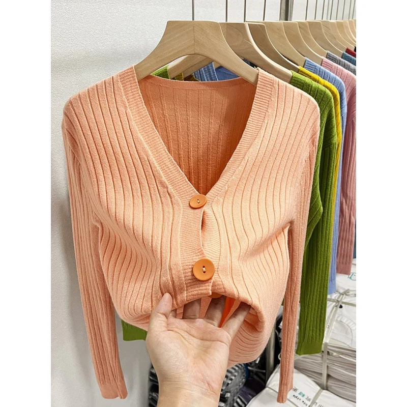 Uveng Uveng Knitted V-Necked Cardigan Trend New Thin Shirt Sweater Coat Short Top Female