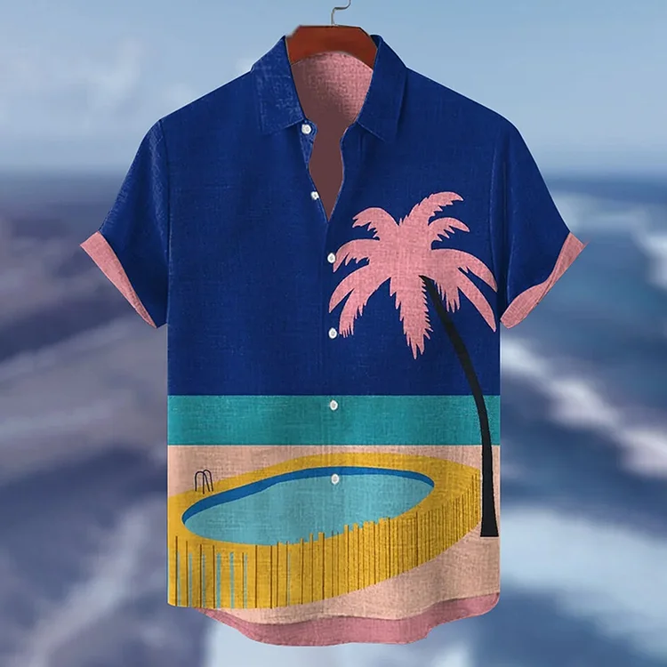 Simpfit Herren-Freizeithemd mit Resort-Pool und Kokosnussbäumen-Kunstdruck