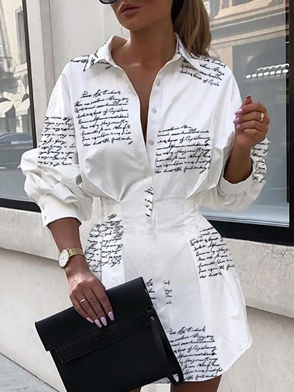 Letter Print Pleated Split-Joint Long Sleeves Loose Lapel Shirt Dress Mini Dresses