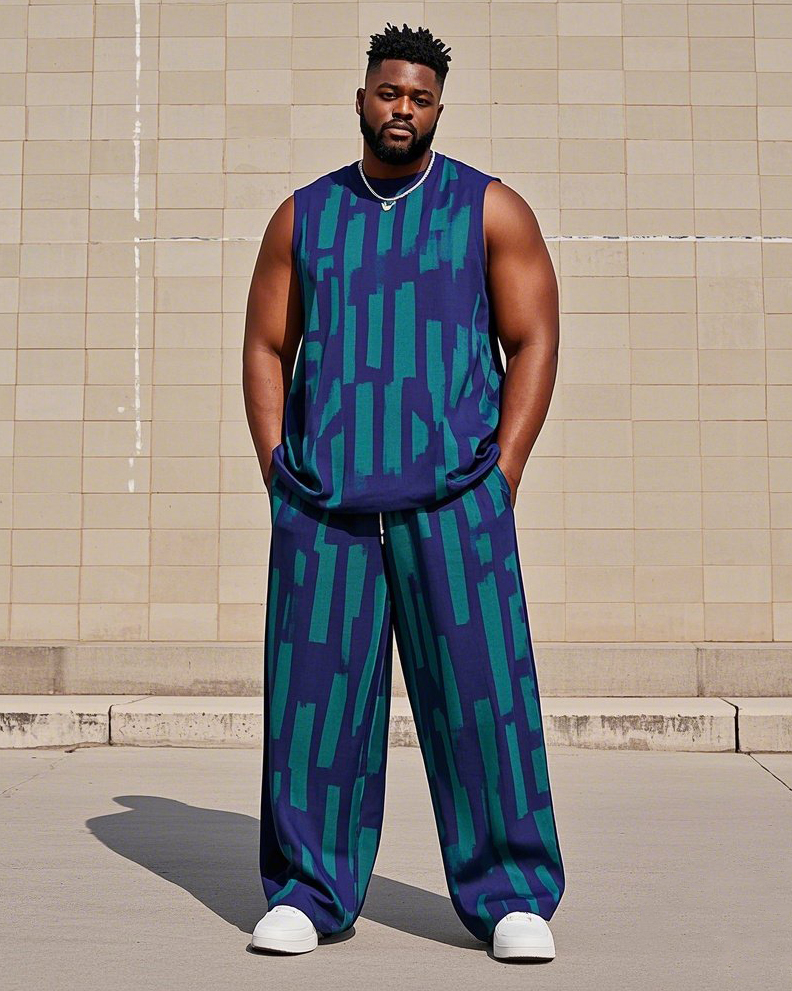 Men's Plus Size Street Fashion Irregular Stripe Printed Vest Trousers Suit