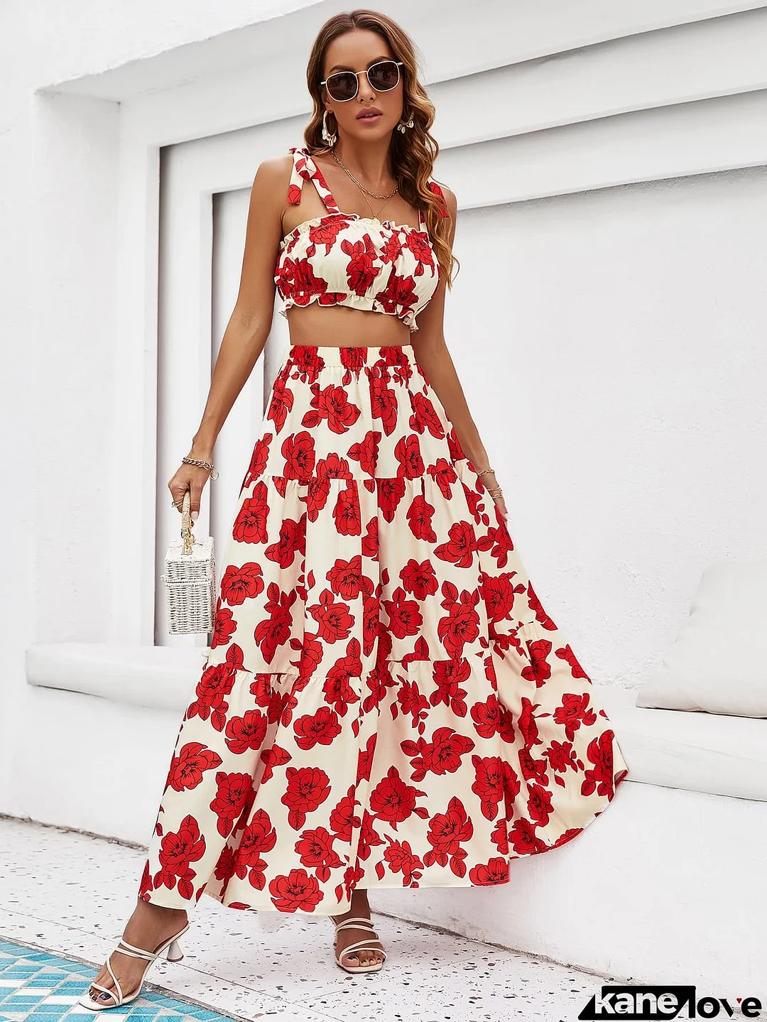 Floral Tie Shoulder Top and Tiered Maxi Skirt Set