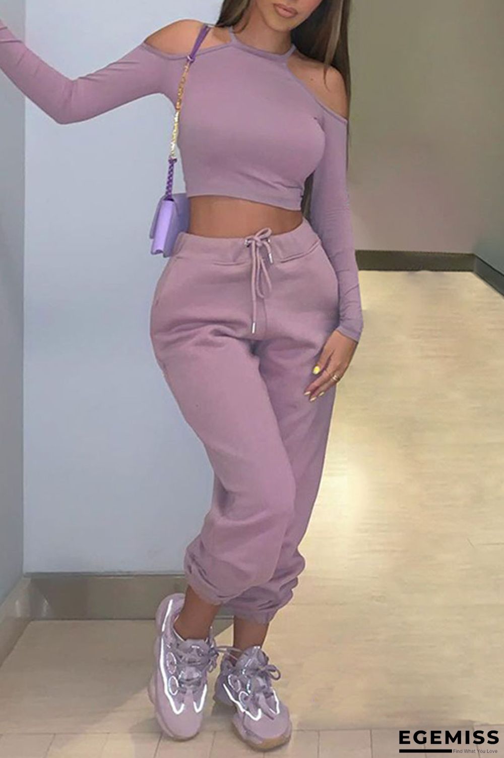 Pink Casual Solid Patchwork O Neck Long Sleeve Two Pieces | EGEMISS