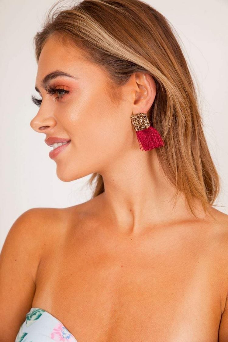 Serena Burgundy & Gold Hammered Tassel Earrings Katch Me