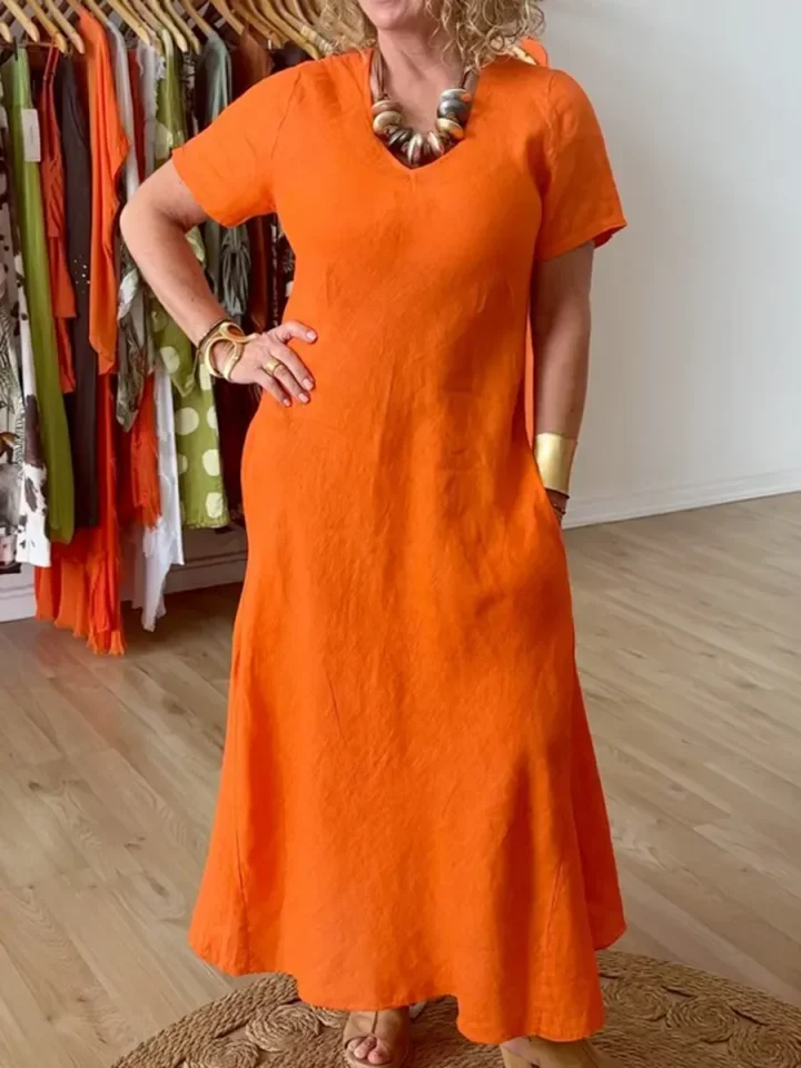 Elegant Diamond-neck Linen Midi Dress