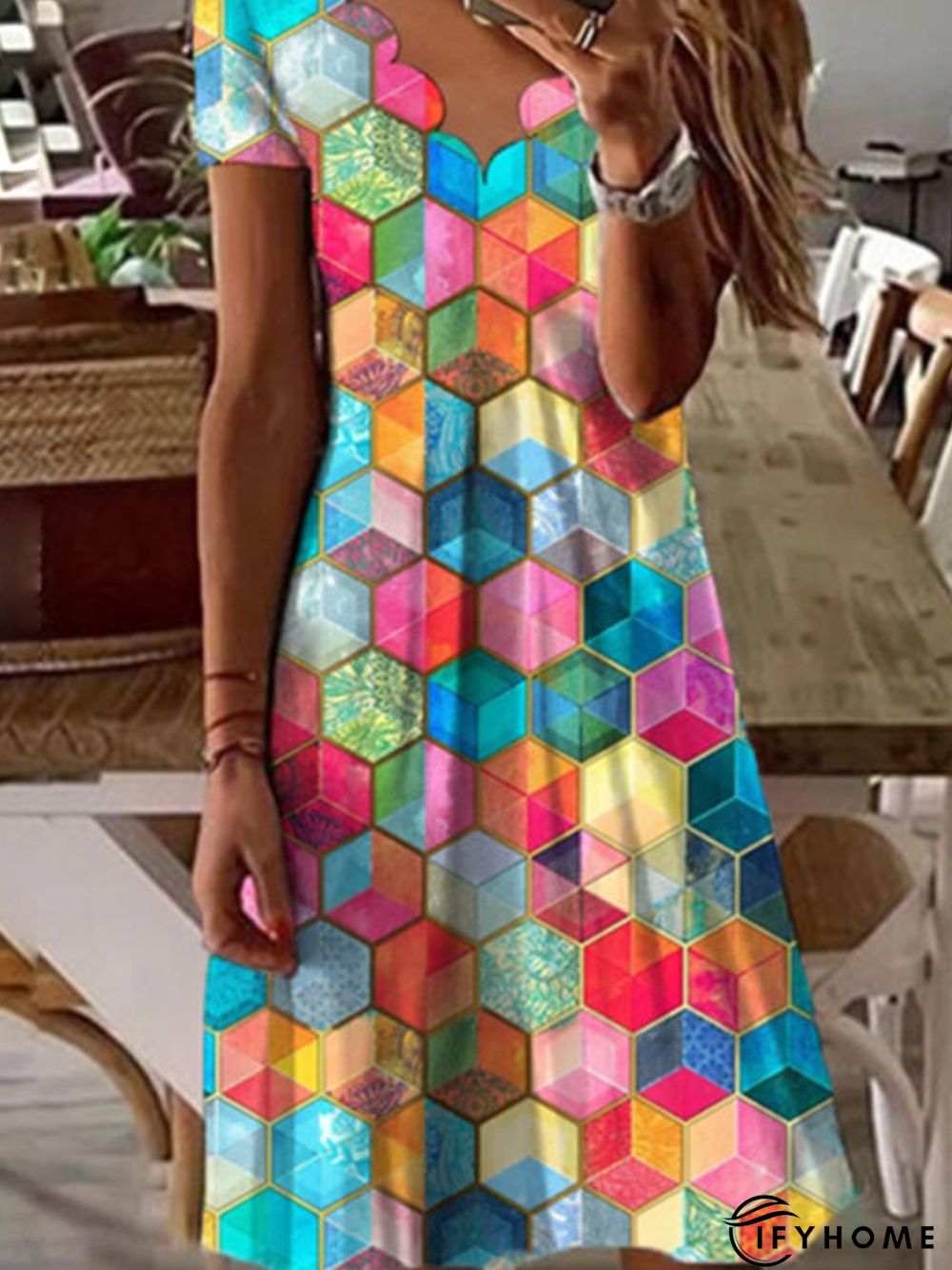 Casual Short Sleeve V Neck Printed Dress | IFYHOME