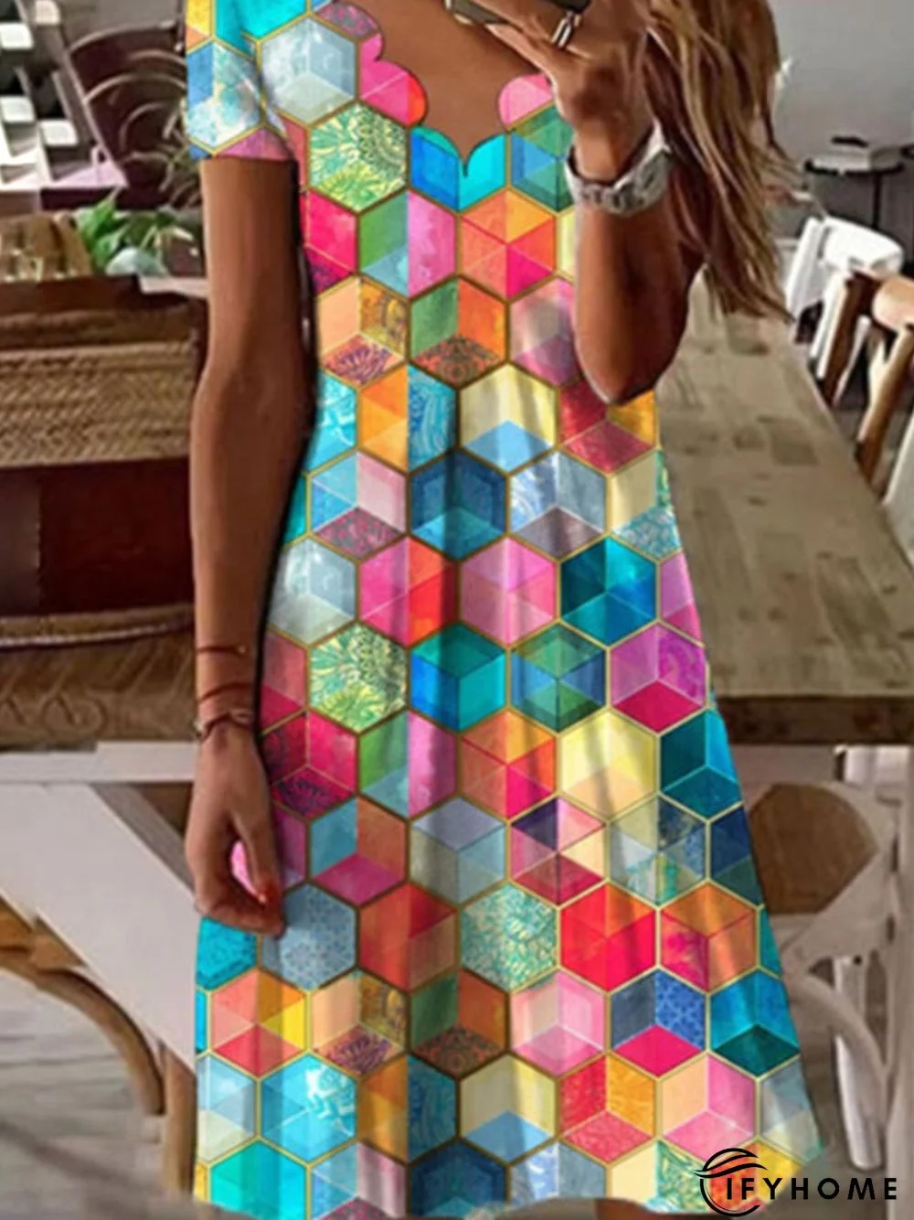 Casual Short Sleeve V Neck Printed Dress | IFYHOME