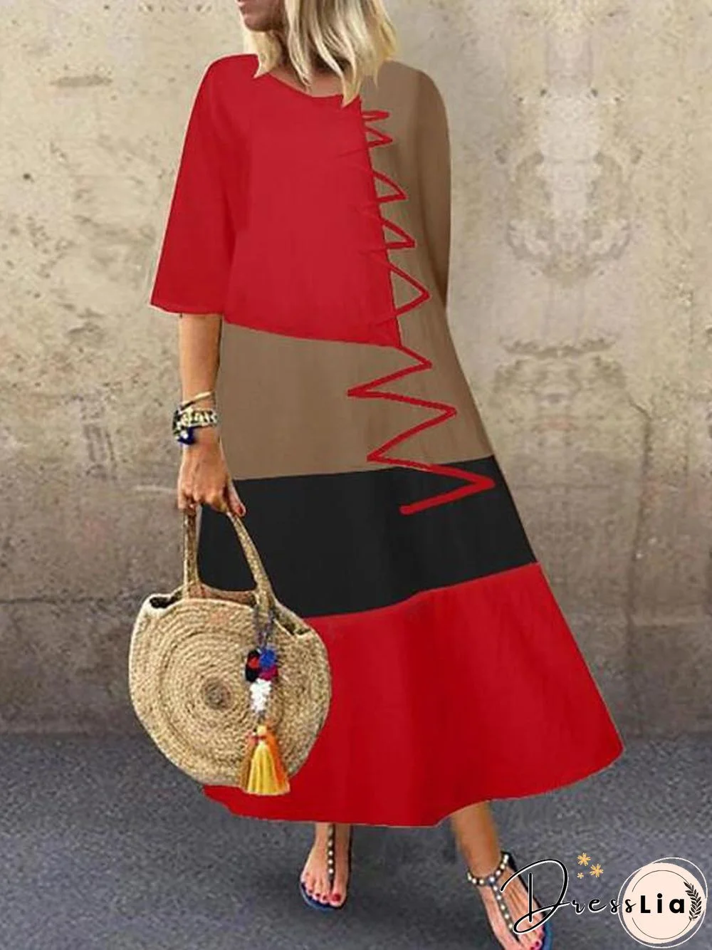 Women's Swing Dress Maxi long Dress Half Sleeve Color Block Patchwork Summer Hot Casual Cotton White Red Khaki Gray M L XL XXL 3XL 4XL 5XL White Dresses