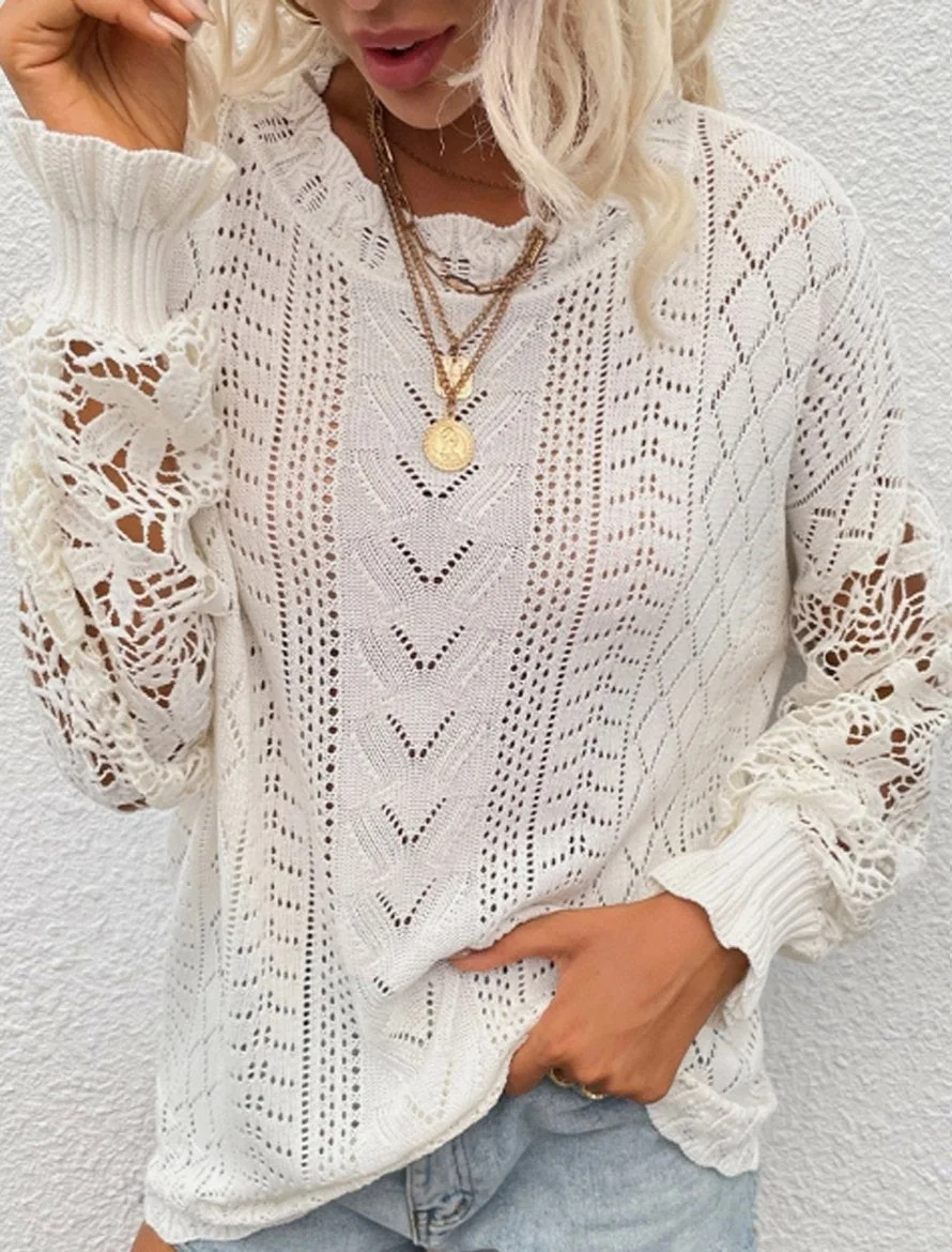 Fashion Solid Color All-match Lace Stitching Sweater | EGEMISS