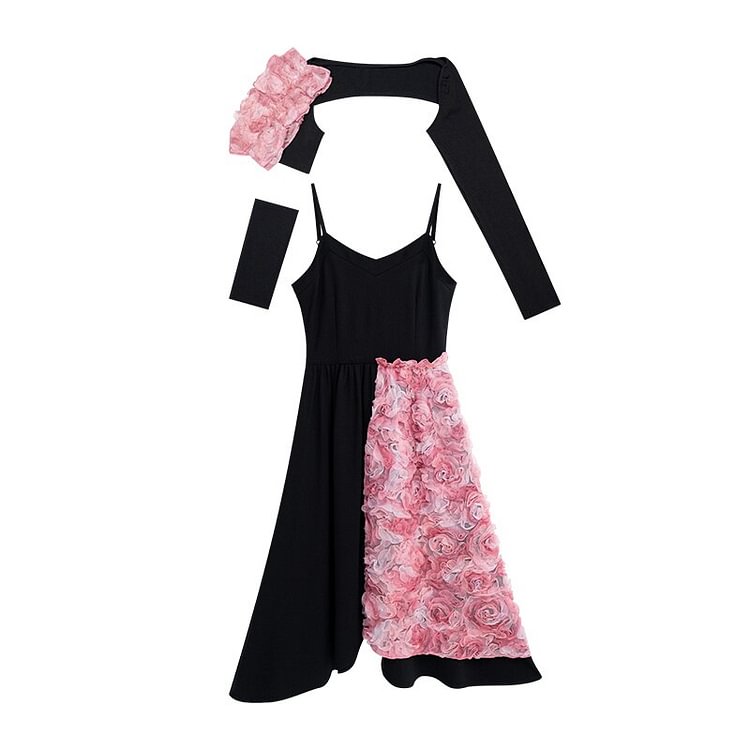 Solid Color Patchwork Three-dimensional Rose Decor Sleeveless Dress With Raglan Sleeves Cardigan Set