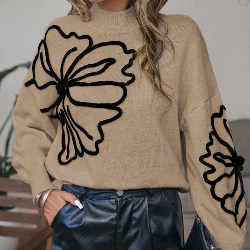 Athvotar Athvotar And Winter New Sweater Embroidered Three-Dimensional Flowers High-Neck Long-Sleeved Knitwear