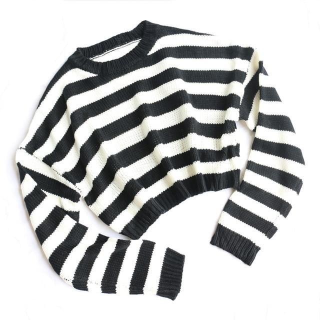 Black White Stripe Cropped Sweater