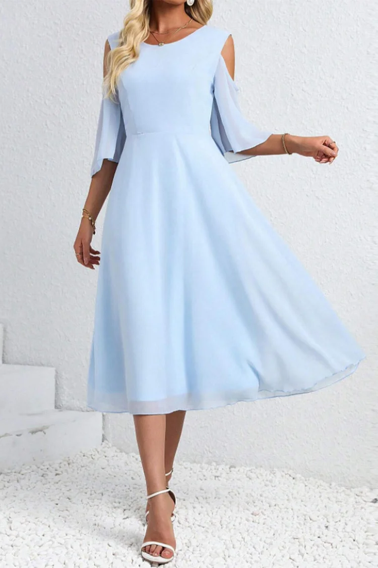 Everyday Light Blue Chiffon Cold Shoulder Flare Sleeve Tea-Length Dress