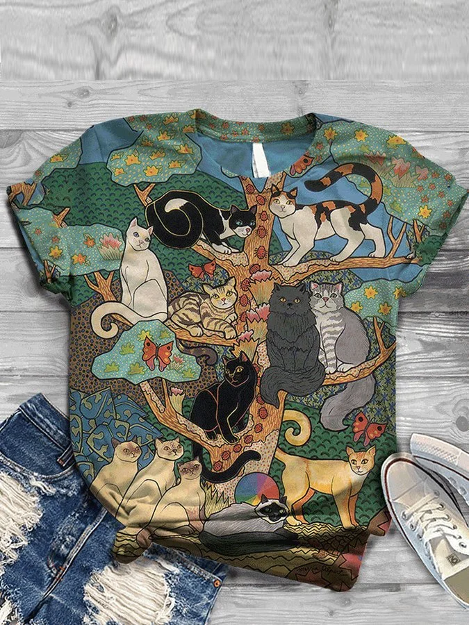 Women's Many cats On The Tree Print Crew Neck Short Sleeve Tee Shirt
