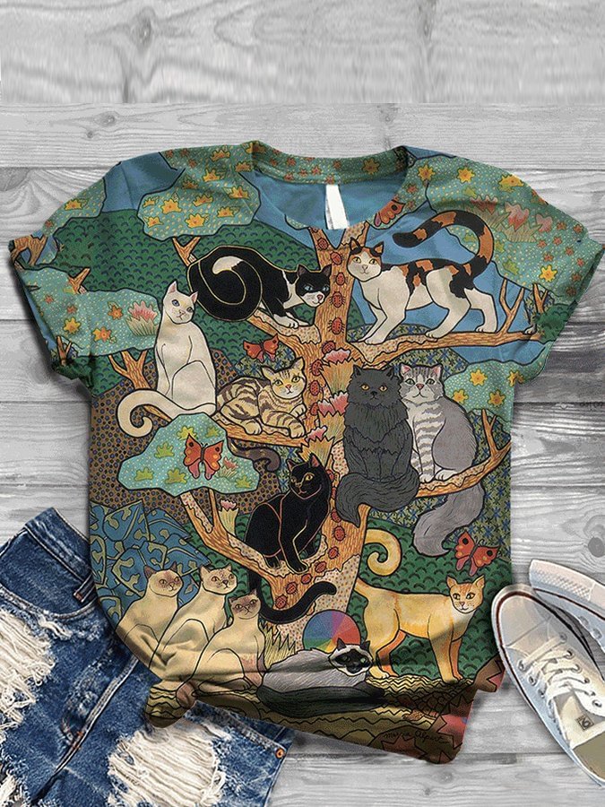 Women's Many cats On The Tree Print Crew Neck Short Sleeve Tee Shirt