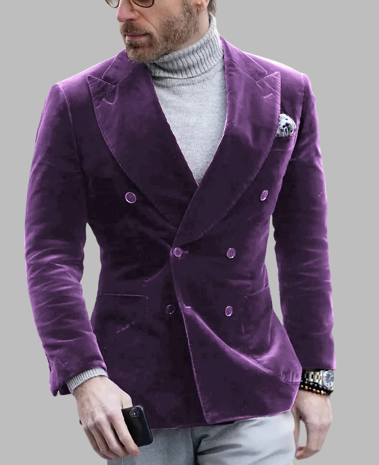 Retro Velvet Lapel Collar Double-breasted Chest Pocket Plain Blazer 