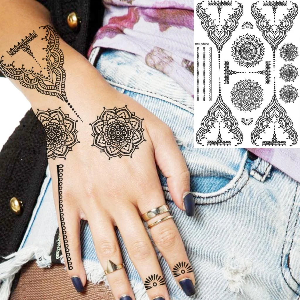 Henna Pendant Temporary Tattoos For Women Undertboob Girls Realistic Butterfly Rose Flower Fake Tattoo Sticker Chest Tatoos