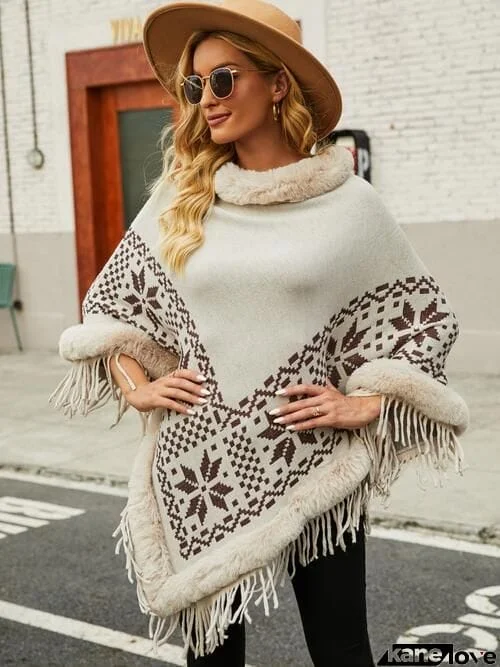 Fringe Geometric Cape Sleeve Poncho