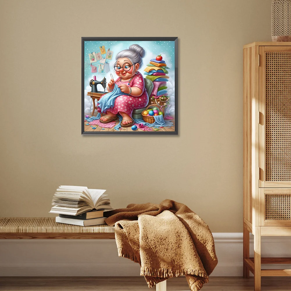 Diamond Painting - Full Round Drill - Old Lady Sewing(Canvas|30*30cm)