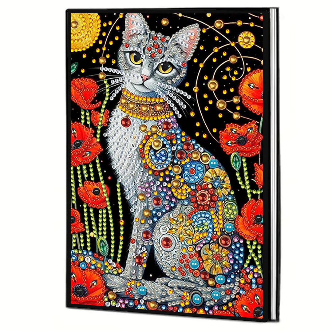 DIY Flower Diamond Painting Journals Notebooks 50 Pages A5 No Lines Special Shaped Diamond Art Kits for Beginners Craft Lovers and Artists (Cat and Flower)