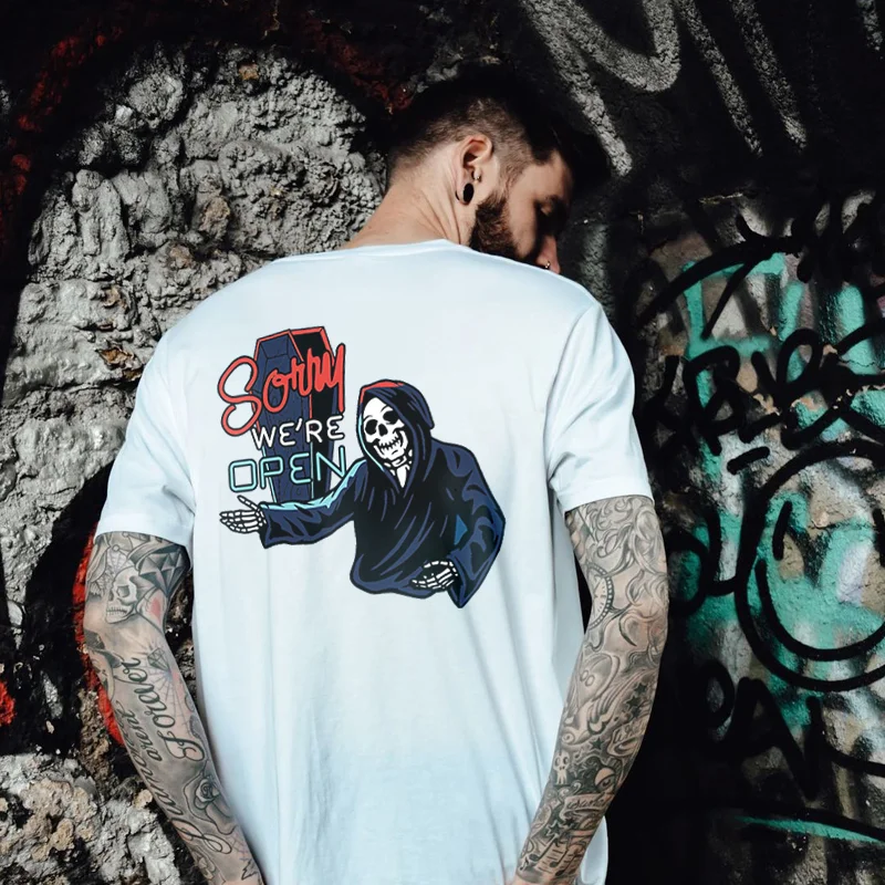 Sorry We're Open Skeleton Printed Crew Neck T-shirt -  