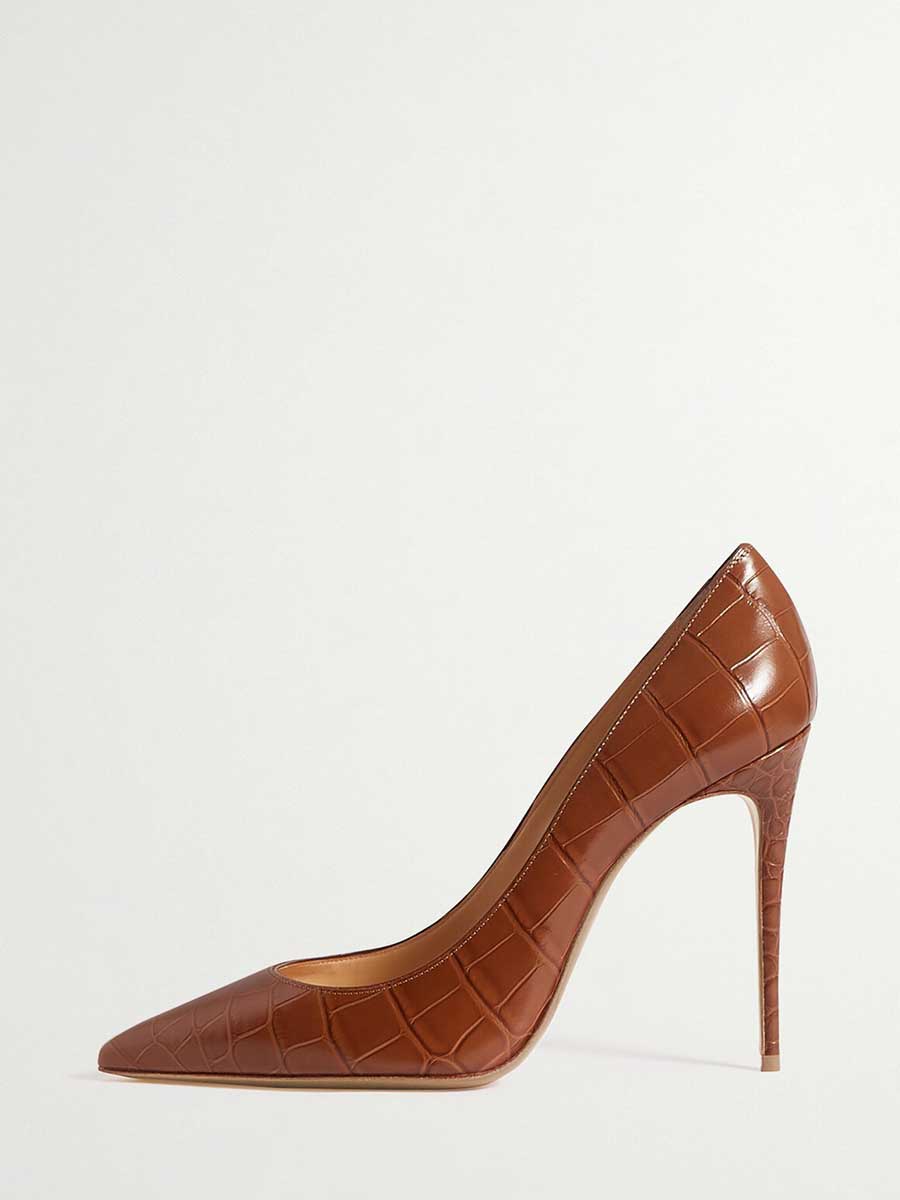 Stylish Brown Croco Embossed Stiletto Heels Pointed Toe Office Pumps