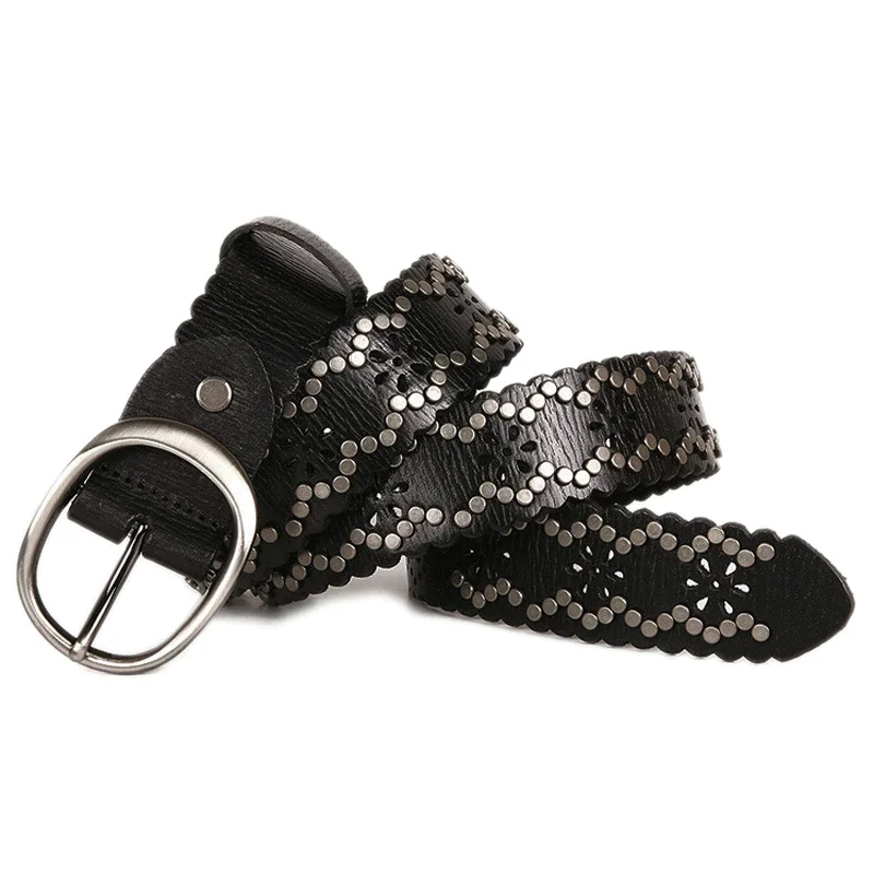 Western Style Jeans Heavy Metal Rivet Belts For Women Genuine Leather Hollow Out Cowskin Belt Punk Rock Female Strap Ceinture Homme