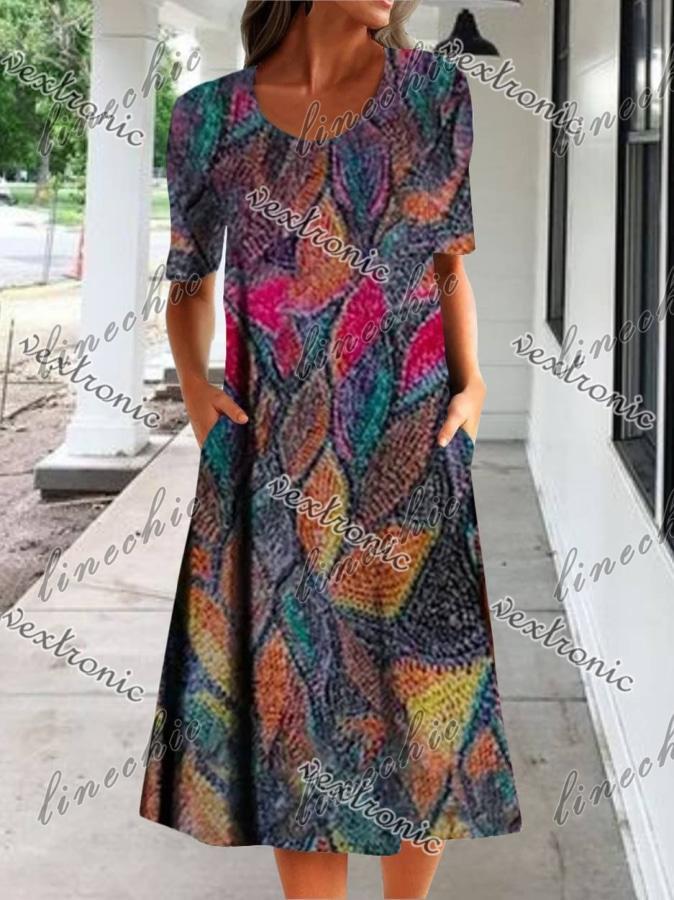 Women Half Sleeve V-neck Solid Color Dress