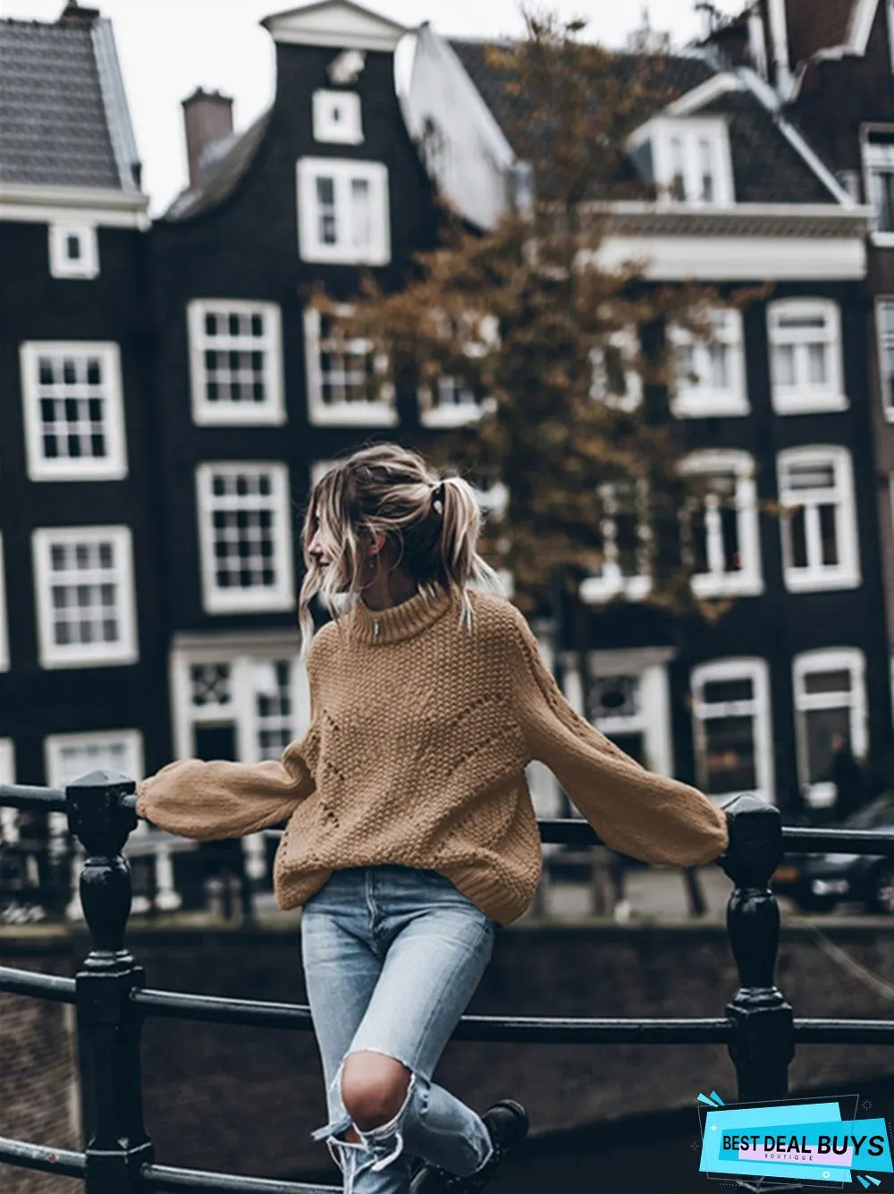 Solid Color Round Neck Casual Knitted Sweater
