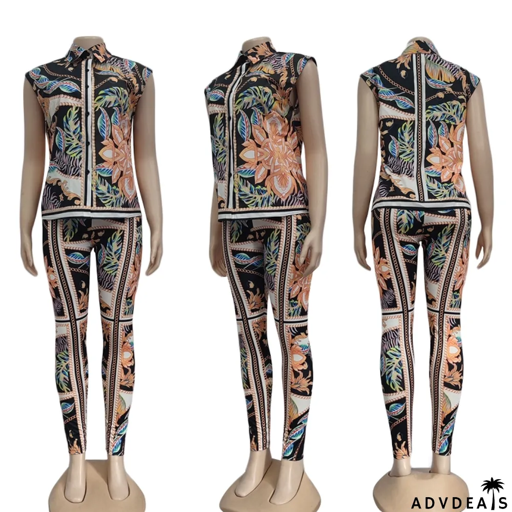 Summer Print Retro Classy Blouse and Pants 2pc Set