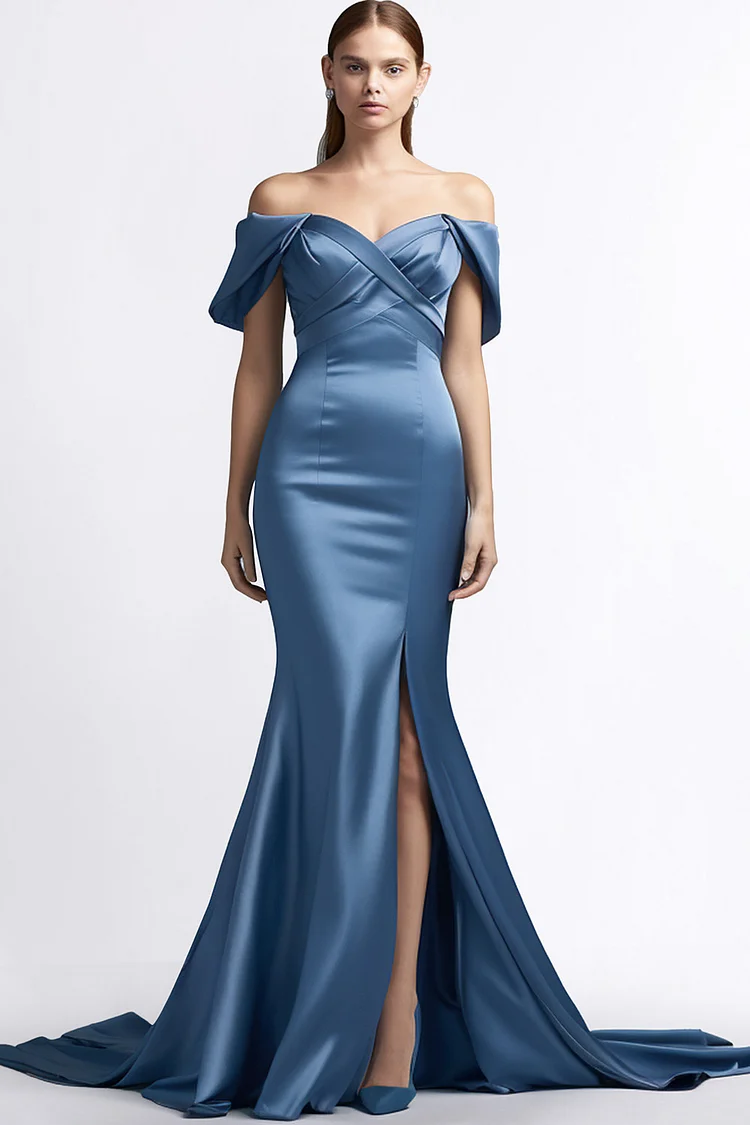 Zaruci Mother Of The Bride Blue Satin Wrap Off The Shoulder Slit Mermaid Maxi Dress [Pre-Order]