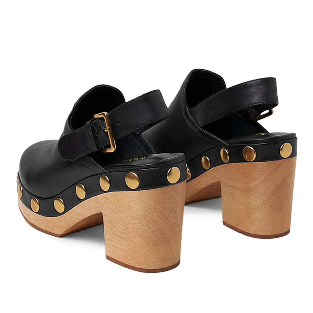 Classic Black Studded Round Toe Slingback Clog Heels with Platform