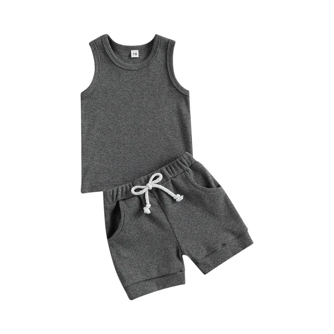 2021 Baby Summer Clothing Newborn Baby 2-piece Outfit Set Sleeveless Solid Color Tops+Shorts Set for Kids Boys Girls