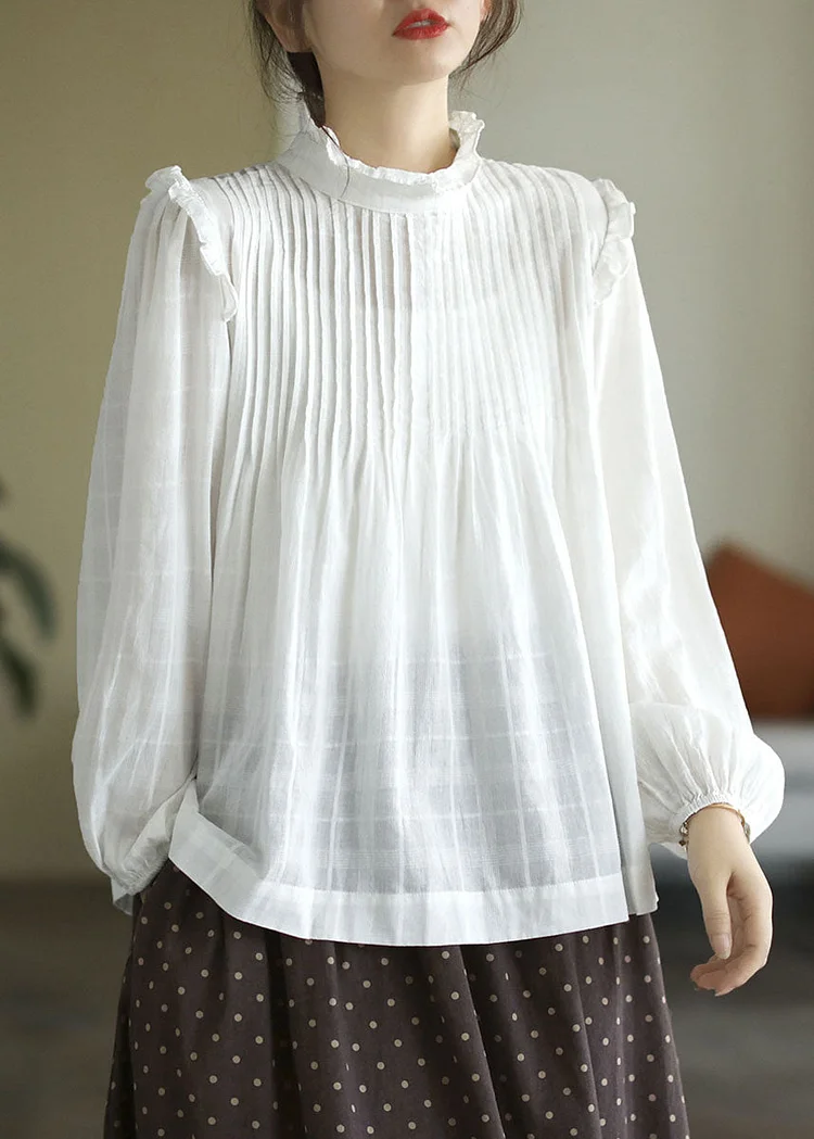 French White Ruffled Patchwork Cotton Shirt Top Long Sleeve Fall