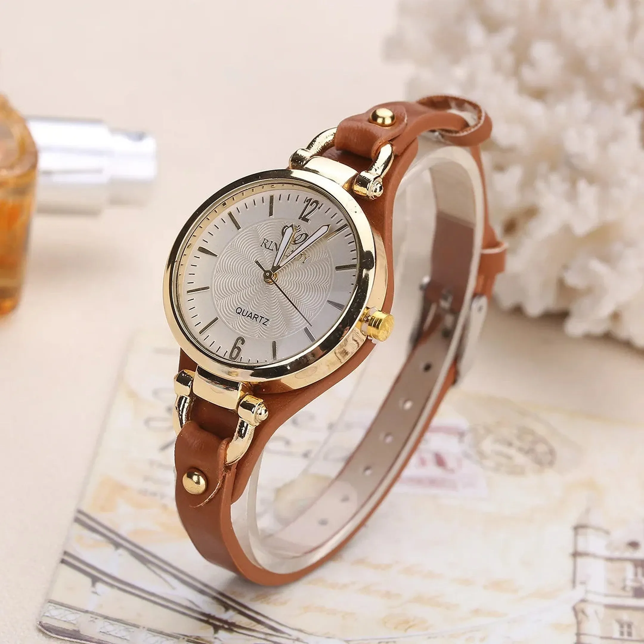 Women's Gold-Tone Watch &ndash; Vegan Leather Strap Dress Timepiece