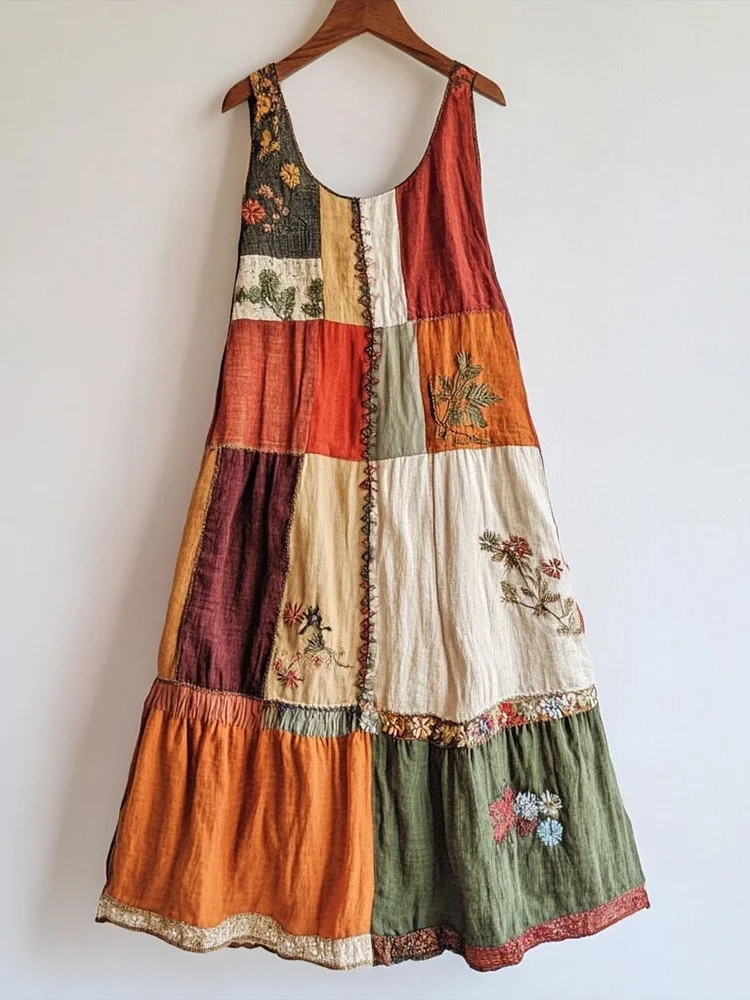 Utbros Vintage Floral Embroidered Patchwork Linen Blend Dress