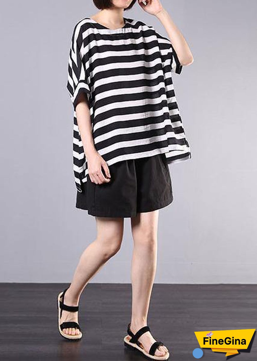 2019 new cotton blended black striped short sleeve pullover with elastic waist short two pieces