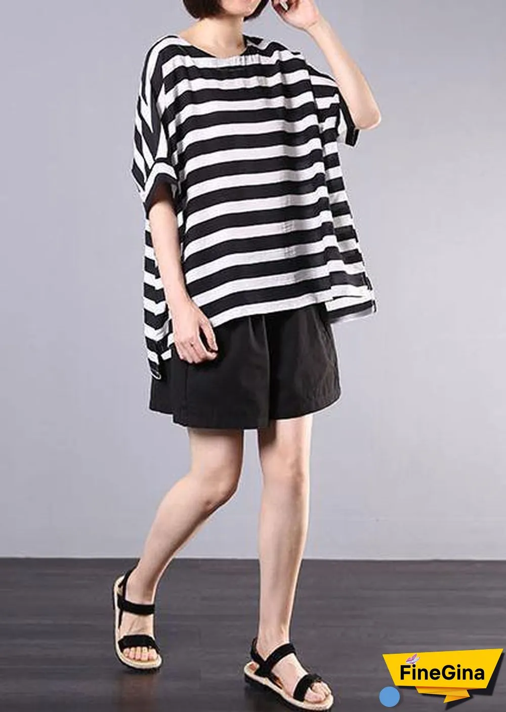 2019 new cotton blended black striped short sleeve pullover with elastic waist short two pieces