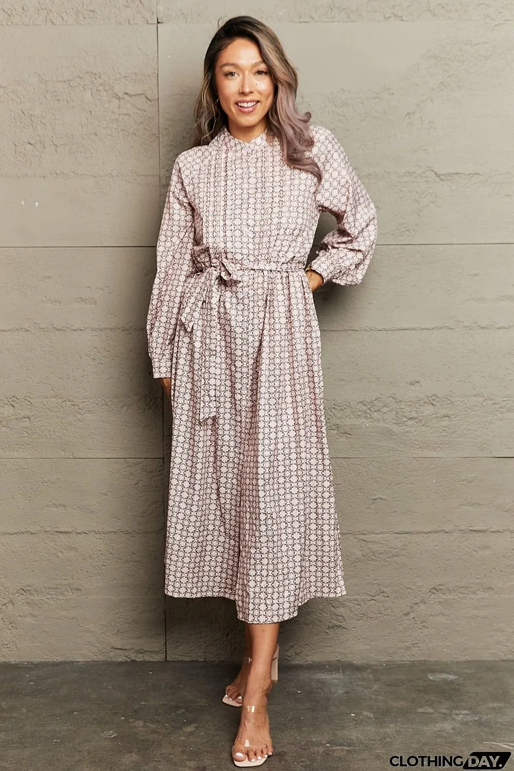 Printed Tie Waist Long Sleeve Dress