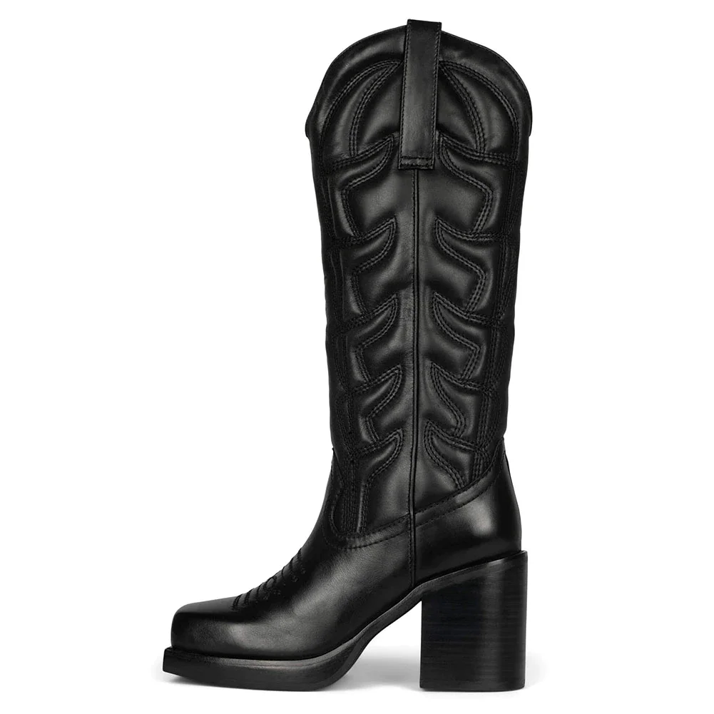 Qengg Chunky Western Mid Calf Women's Boots High Heels Embroidered Square Toe Pull On Fashion Cowgirl Cowboy Boots Female