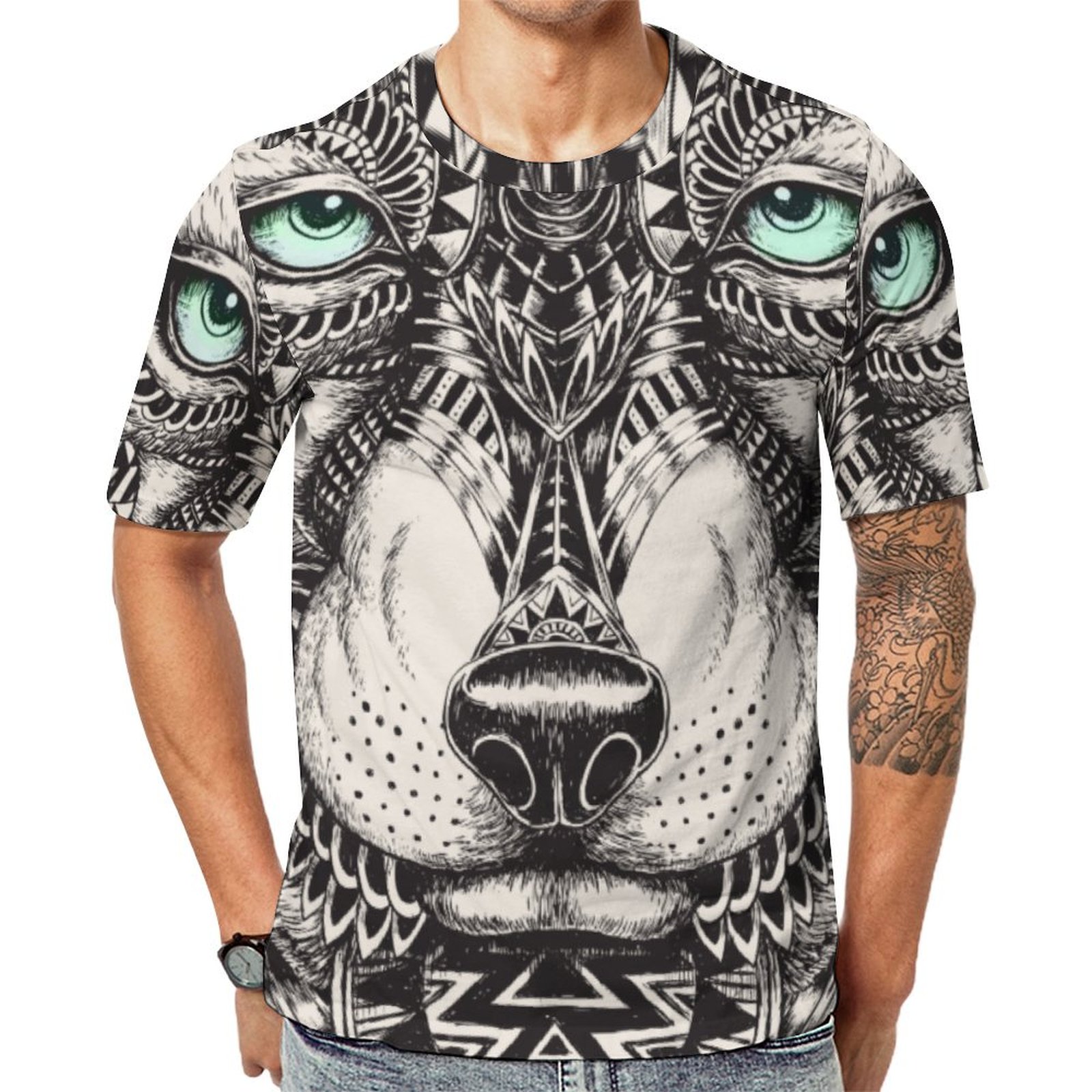 Green Eyed Wolf Ornate Face Short Sleeve Print Unisex Tshirt Summer Casual Tees for Men and Women Coolcoshirts