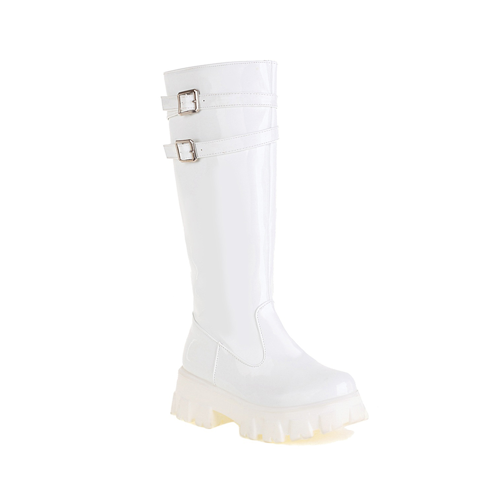 GOOSHOE Double-Breasted Shiny Patent Leather Knee-Length Boots Flat-Bottomed Platform With Plush Lining Long Boots