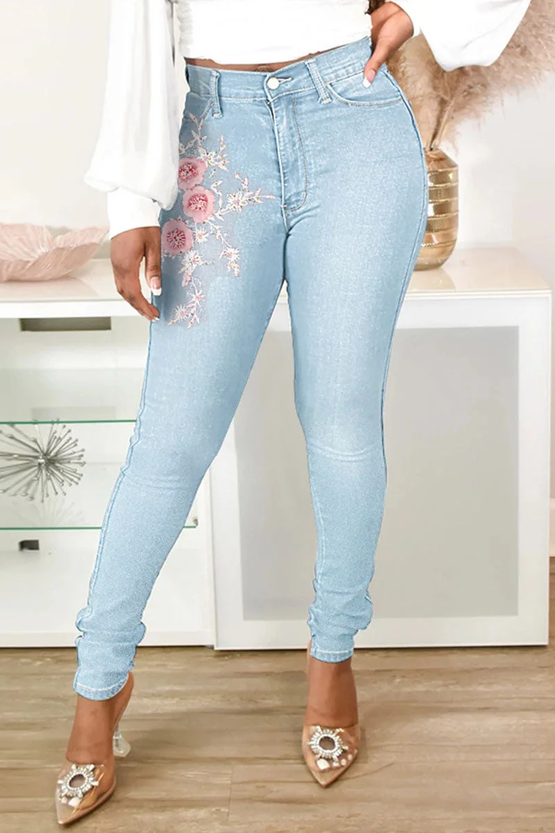 Fashion Casual Patchwork Print Basic High Waist Skinny Denim Jeans