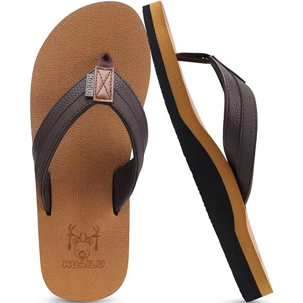 KuaiLu Men's Yoga Mat Leather Flip Flops Thong Sandals with Arch Support 11 Khaki