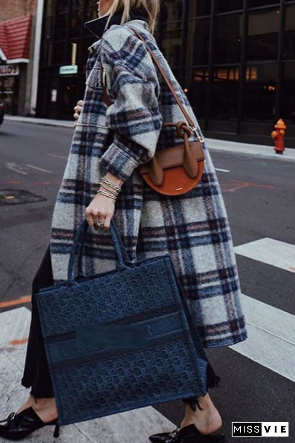 Tartan Calf-Length Woolen Coat