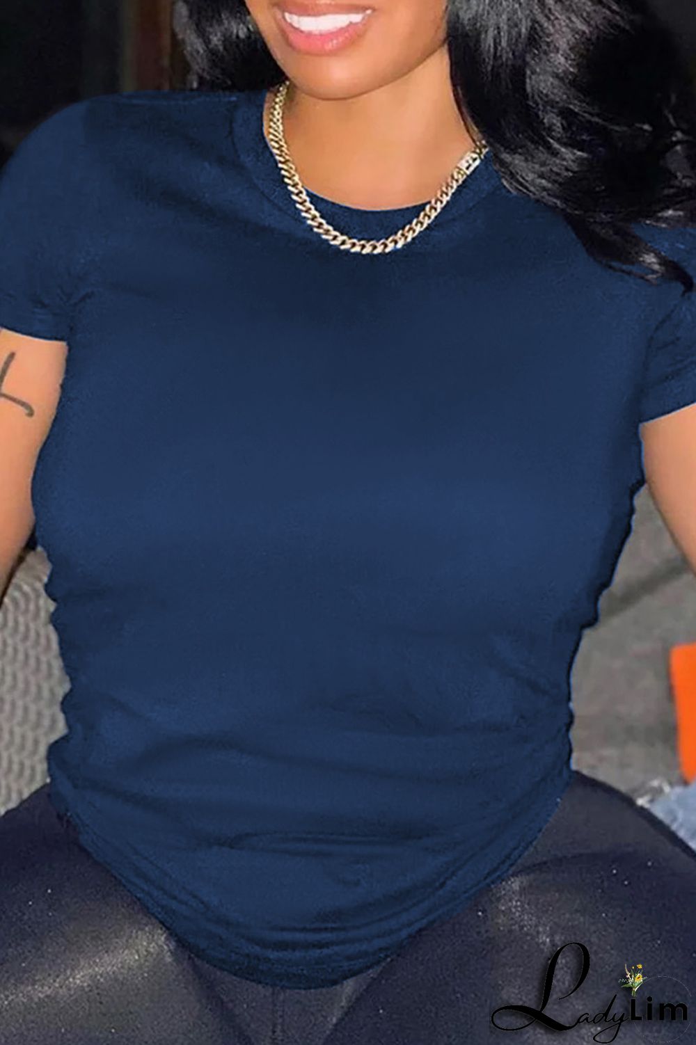 Black Fashion Street Solid Split Joint O Neck T-Shirts